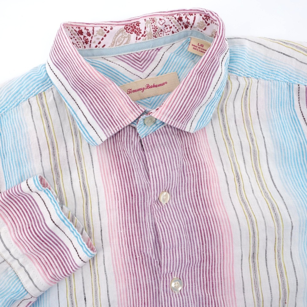 Tommy Bahama 100% Linen Striped Long Sleeve Button Down Multicolor Mens Large